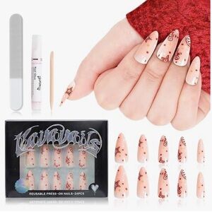 VAVAVAILS Press On Nails Long Stiletto 24 Nail Kit Glue Gingerbread Pattern